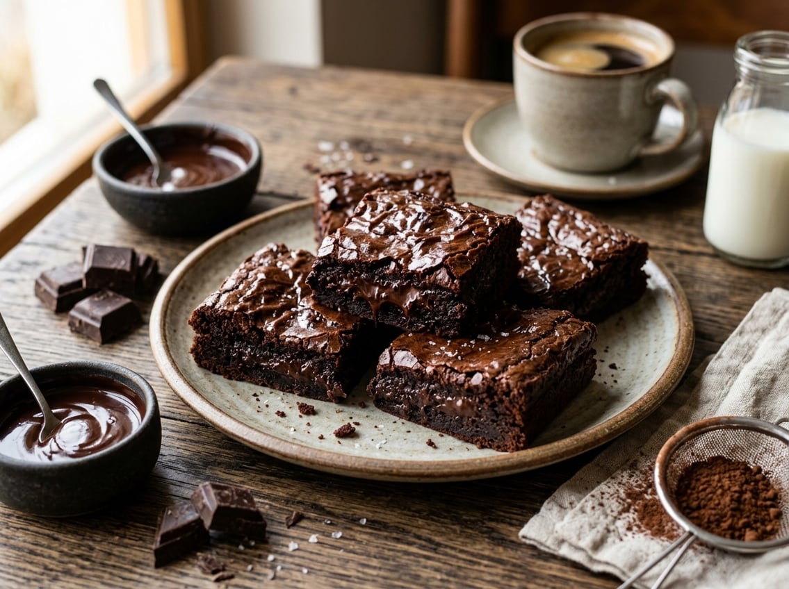 A plate of rich, fudgy blackout brownies on a wooden table with chocolate chunks and a cup of coffee in the background.